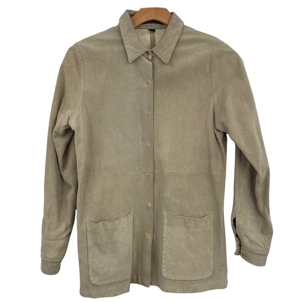 Isda & Co Button Up Shirt Suede‎ Leather Jacket Women’s Medium Beige Collared